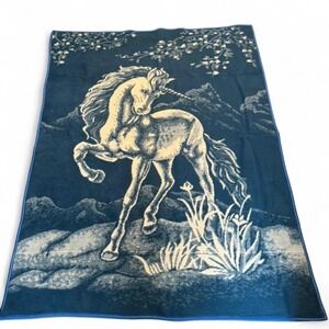 Vintage San Marcos Unicorn Blanket Blue White Reversible 76x58 Fairycore